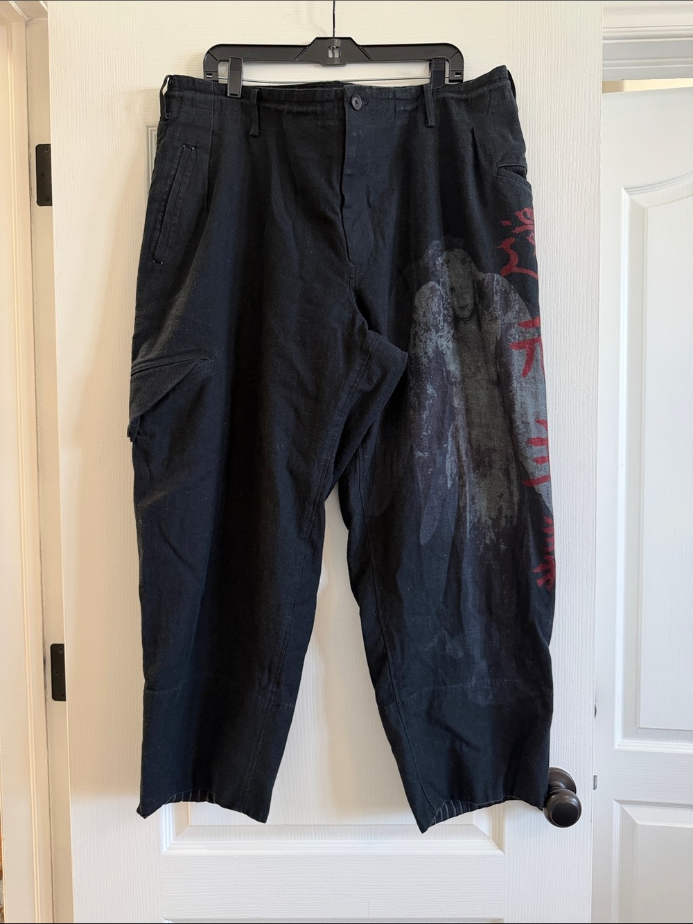 Yohji Yamamoto Black Men's Trousers with Red Graphic